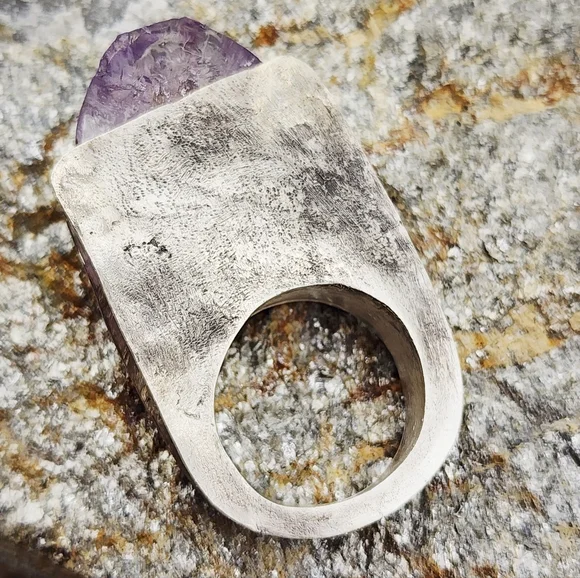 RAW AMETHYST STONE STATEMENT RING HANDMADE IN STERLING SILVER METAL SIZE 9
